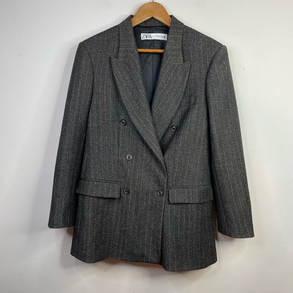 Zara Jackets & Blazers - Zara Wool Blend Oversized Tailored Black Brown Pinstriped Blazer Jacket womens M